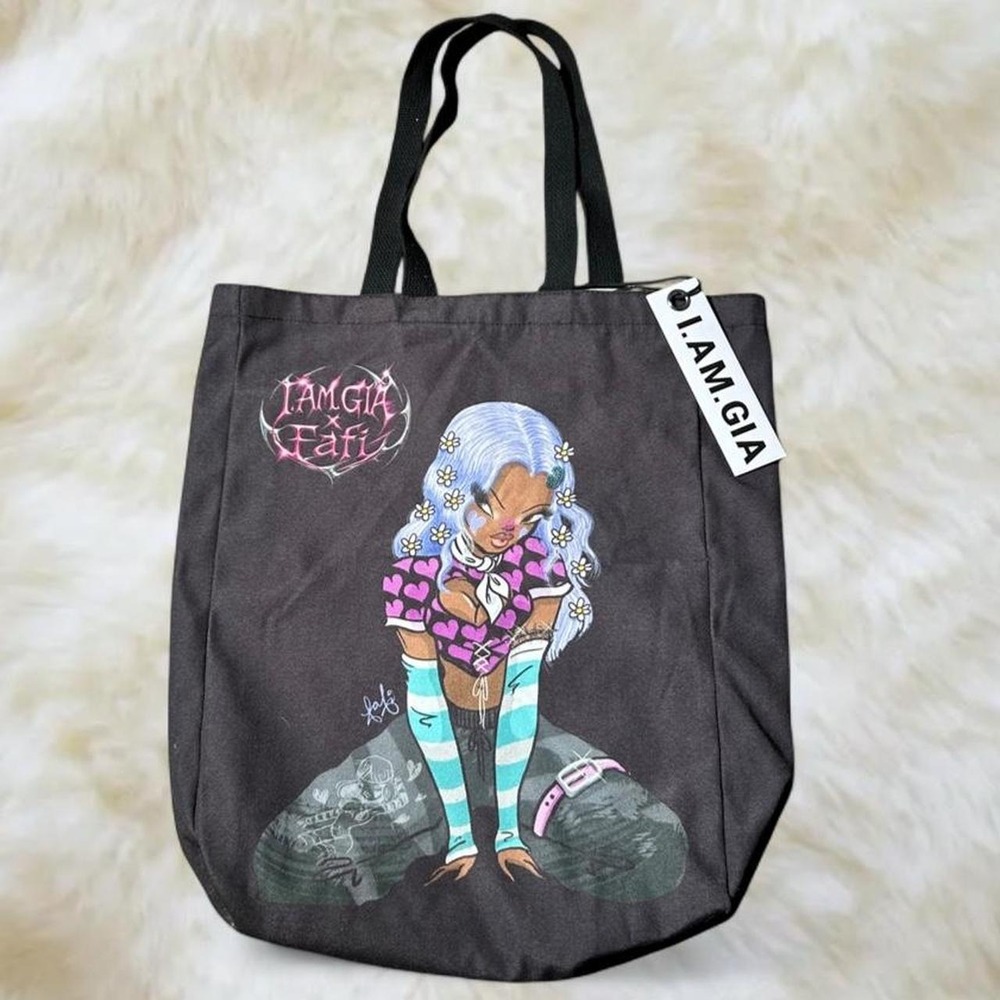 I AM GIA Fafi Y2K Tote Bag Black Graphic Anime Cartoon Print Streetwear Edgy